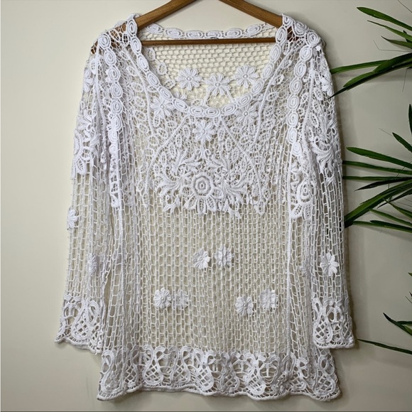 White Open Weave Floral Embroidered Scoop-neck Tunic Top Swim Coverup PTP 19.5” - Picture 1 of 9